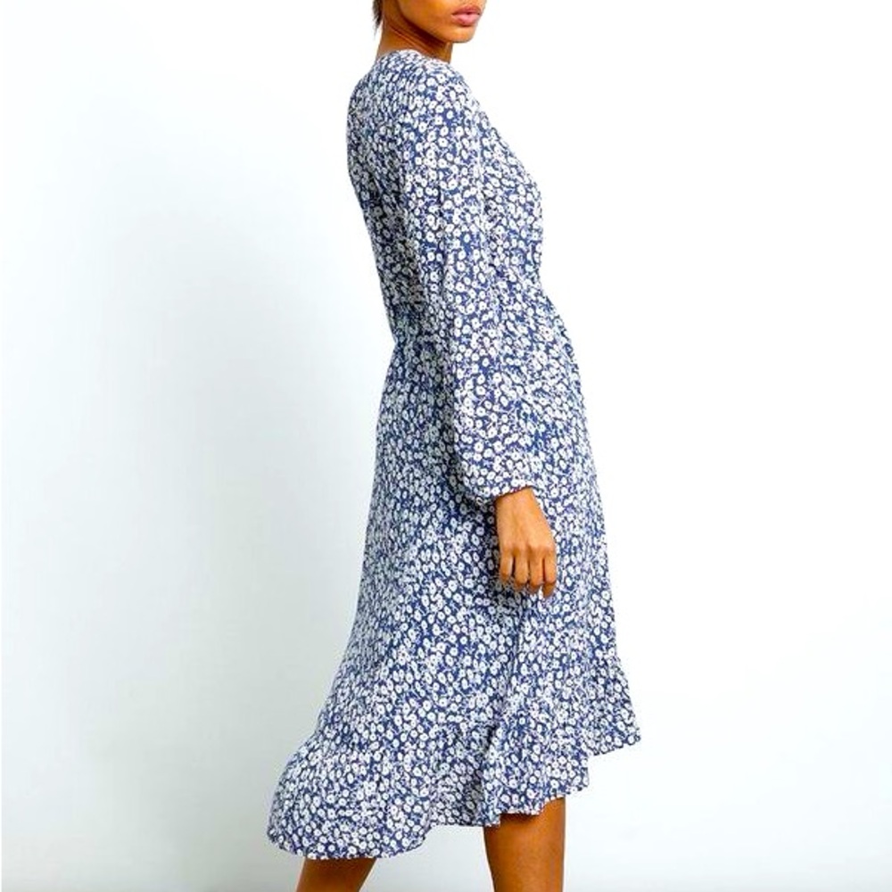 Rails Blue/white floral Camella Jade dress w/ hi lo ruffle hem and cuffs